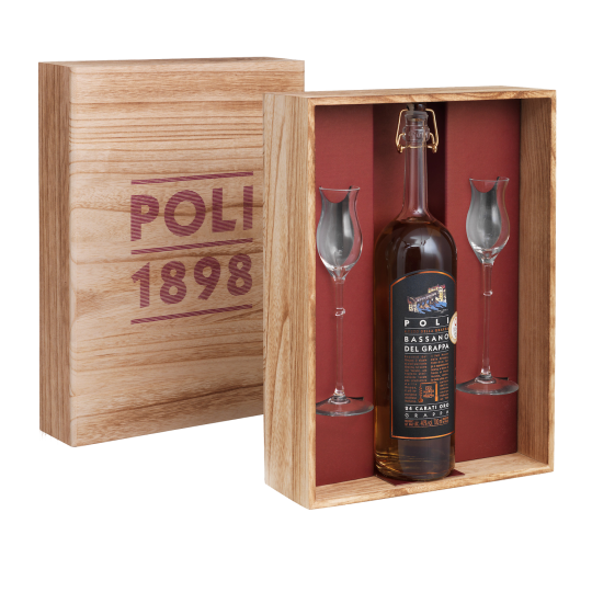 Cofanetto legno N.1 Grappa 24 Carati 70 cl + 2 calici - Poli 1898