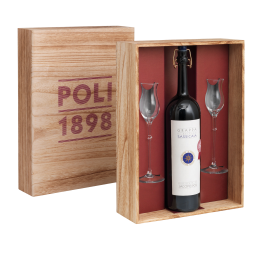 Cofanetto legno Grappa Sassicaia 50 cl con 2 calici - Poli 1898