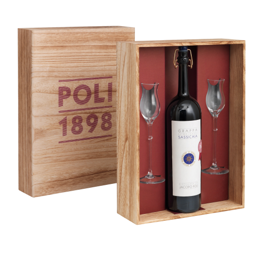 Cofanetto legno Grappa Sassicaia 50 cl con 2 calici - Poli 1898